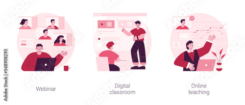 Online education abstract concept vector illustration set. Webinar, digital classroom, online teaching, smart flipped classroom, video course, peer level meetings, elearning abstract metaphor.