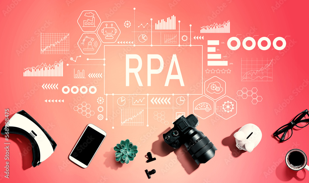Robotic Process Automation RPA theme with electronic gadgets and office supplies - flat lay