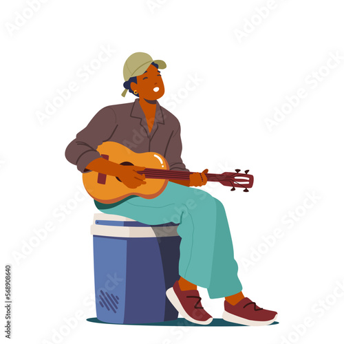 Man Sitting Singing Songs And Playing Guitar Isolated On White Background. Tourist Male Character Sparetime In Camp