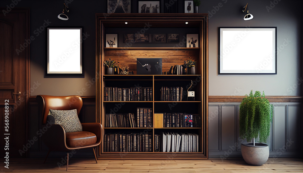 Double mockup frame, one horizontal one vertical frame, classic style living room home interior with bookshelf. Generative AI 3D render Double mockup frame, one horizontal one vertical frame, classic style living room home interior with bookshelf. Generative AI 3D render