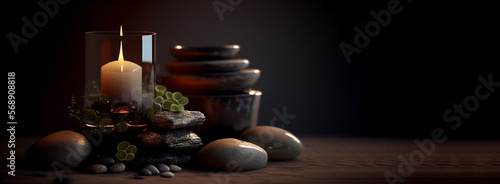 Black massage stone heap and candle, wellness spa concept banner with copy space. Generative AI