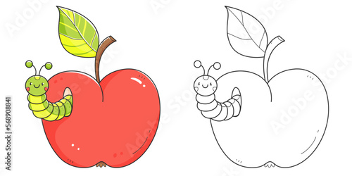 Red apple with caterpillar coloring book with coloring example for kids. Coloring page with apple and worm. Monochrome and color version. Vector children's illustration.