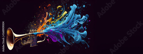Trumpet colorful brass musical instruments splash illustration on black background, horizontal banner with copy space. Generative AI photo
