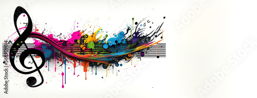 Music stave colorful splash illustration on white background, horizontal banner with copy space. Generative AI photo