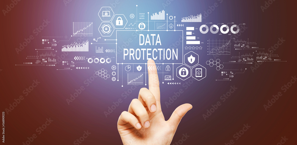 Data protection theme with hand pressing a button on a technology screen Data protection theme with hand pressing a button on a technology screen
