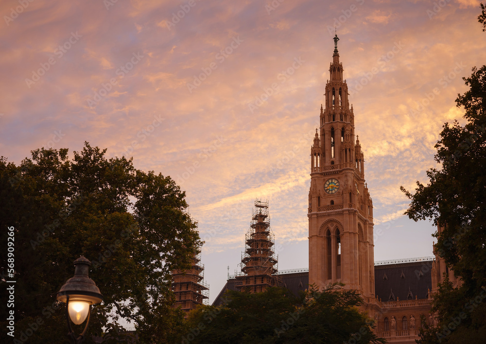 Church of Promise in Vienna over sunset sky. church, erected in 1879 in