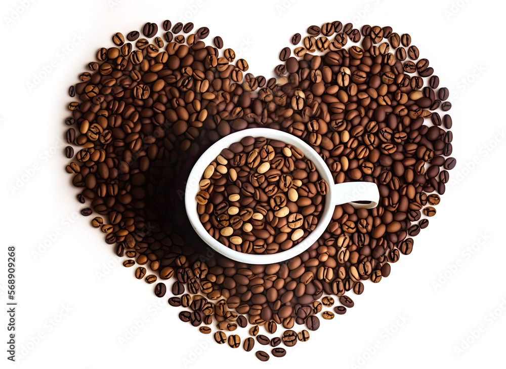 Naklejka premium White Cup of Coffee Beans in Heart Shape Made from Coffee Beans - Post-processed Generative AI