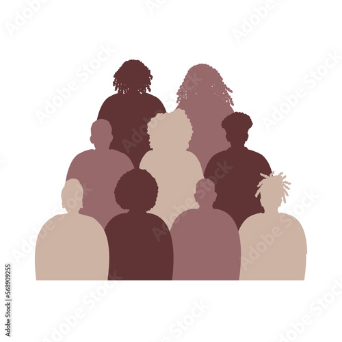 black people group. Brown human silhouettes. Crowd of people. Stronger together concept. Solidarity of different men and women. Vector illustration