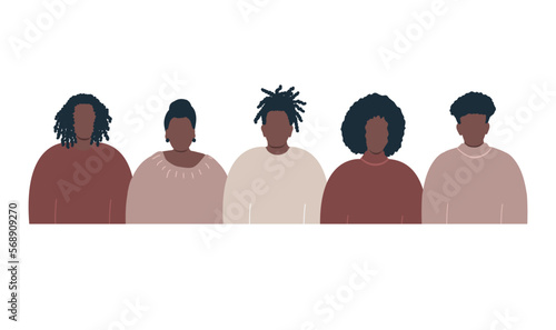 black people group. Stronger together concept. Solidarity of different men and women. Different human silhouettes. Vector illustration
