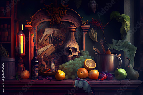Old Fruits and Food As Abstract Vanitas Wallpaper Background AI Generative Stock Image