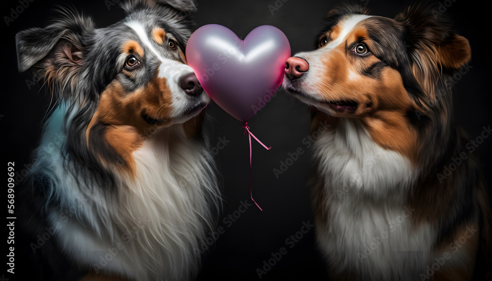 couple of dogs in love kissing, with a heart-shaped balloon on valentine's day, 3d render digital illustration