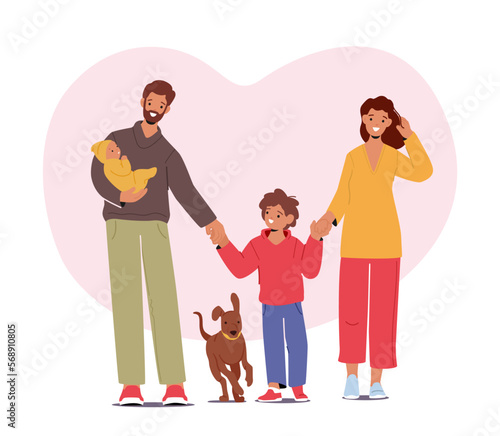 Young Family Characters Children, Parents And Pet Enjoying Outdoor Walk, Bonding And Spending Time Together