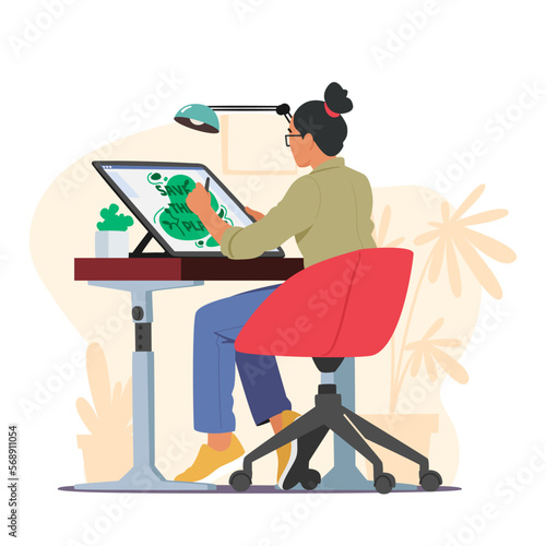 Creative Woman Graphic Designer Sitting At Desk Making Sketch On Tablet At Workplace. Young Female Create Design