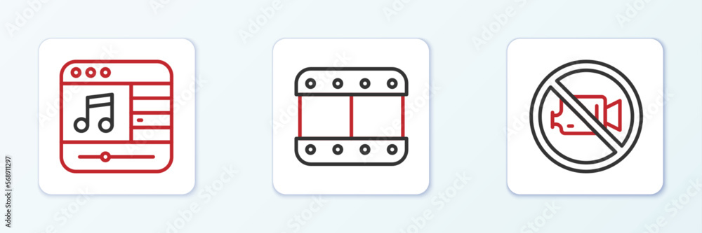 Set line Prohibition no video recording, Music player and Play icon. Vector Set line Prohibition no video recording, Music player and Play icon. Vector