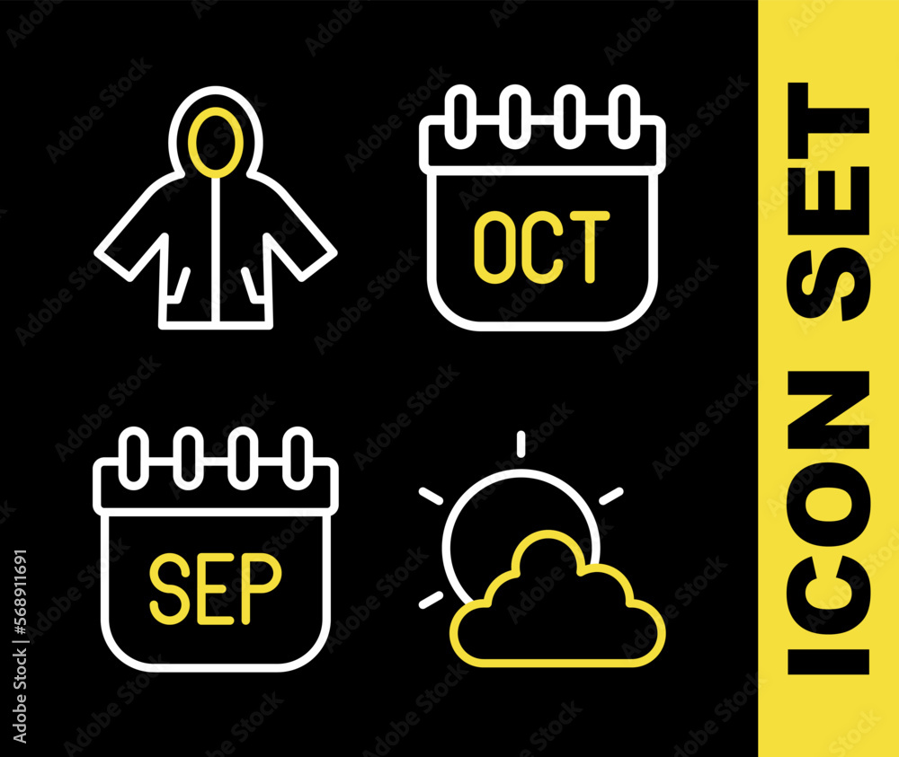 Set line October calendar autumn, Sun and cloud weather, September and Raincoat icon. Vector Set line October calendar autumn, Sun and cloud weather, September and Raincoat icon. Vector