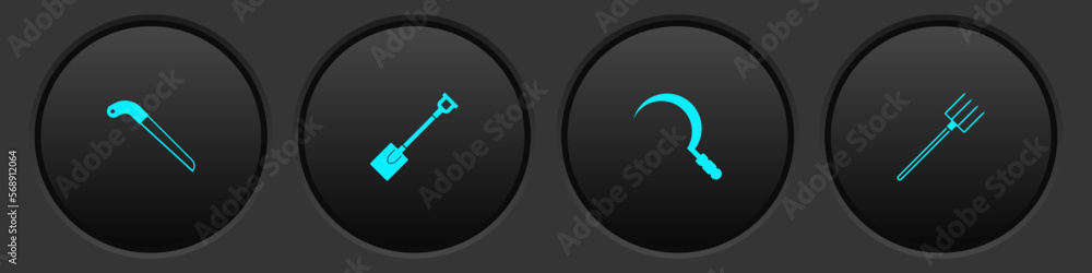 Set Garden saw, shovel, Sickle and pitchfork icon. Vector