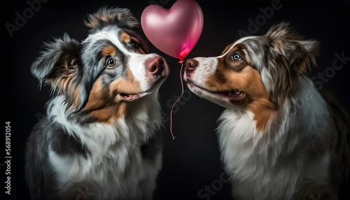 couple of dogs in love kissing, with a heart-shaped balloon on valentine's day, 3d render digital illustration © Demencial Studies