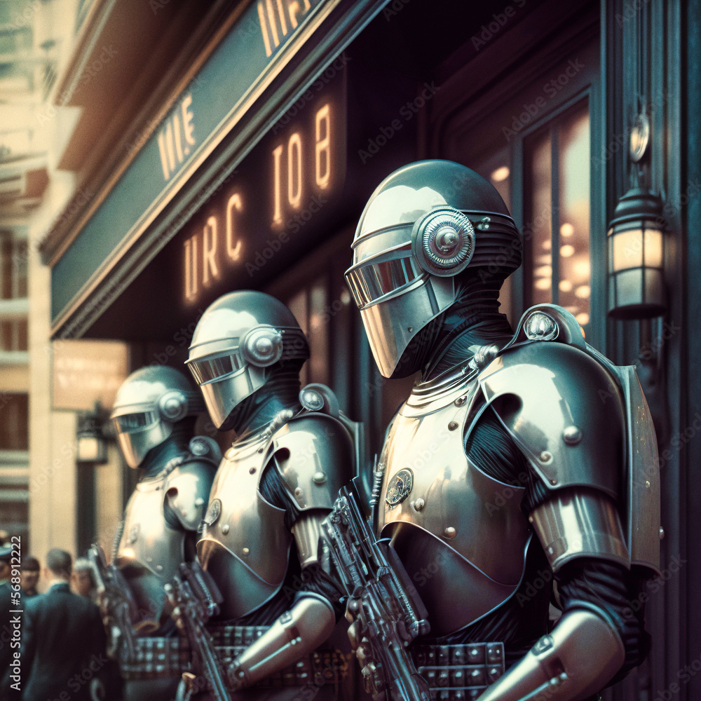 A group of retrofuturistic cyborg policemen guarding a bank building - generative ai A group of retrofuturistic cyborg policemen guarding a bank building - generative ai