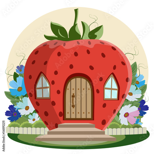 Cartoon fairytale strawberry  house for little animals and fantasy inhabitants.  Vector illustration