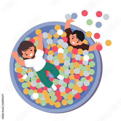 Children Playing, Smiling And Having Fun In Pool With Bright Colorful Balls In Playroom. Little Kids Characters Games