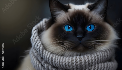 siamese cat wrapped in wool, concept cats tenderness, winter coat