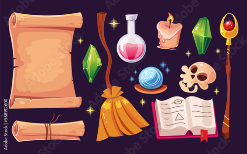 Witch magic crystal cartoon game witchcraft element isolated set. Vector graphic design illustration