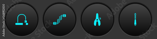 Set Bicycle lock, pedals, seat and Screwdriver icon. Vector