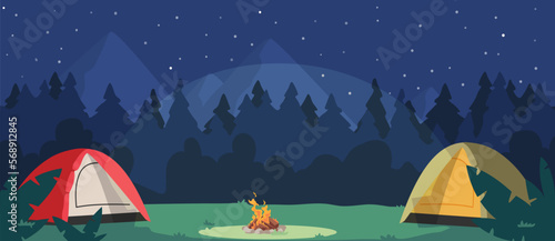 Wallpaper Mural Night Camping With Tents And Campfire. Tourist Place In Dark Forest. Cozy Traveler Halt On Nature Landscape With Trees Torontodigital.ca