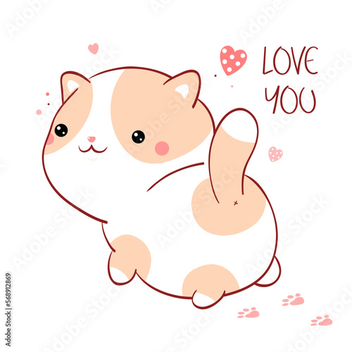 Cute Valentine card in kawaii style. Lovely fat cat with pink hearts. Inscription Love you. Can be used for t-shirt print, stickers, greeting card design. Vector illustration EPS8