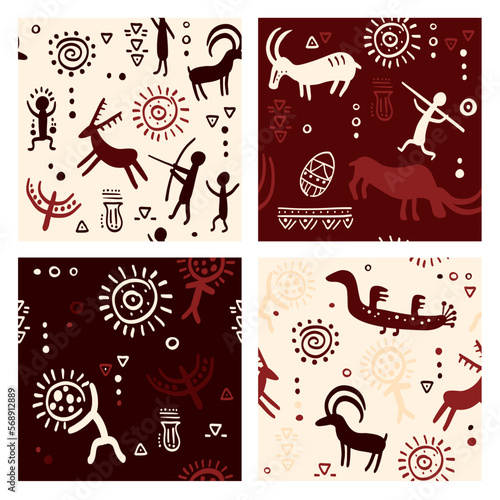 Set of seamless pattern with prehistoric petroglyphs - humans and animals. Endless texture can be used for wallpaper, pattern fills, web page background, surface textures. Vector illustration EPS8