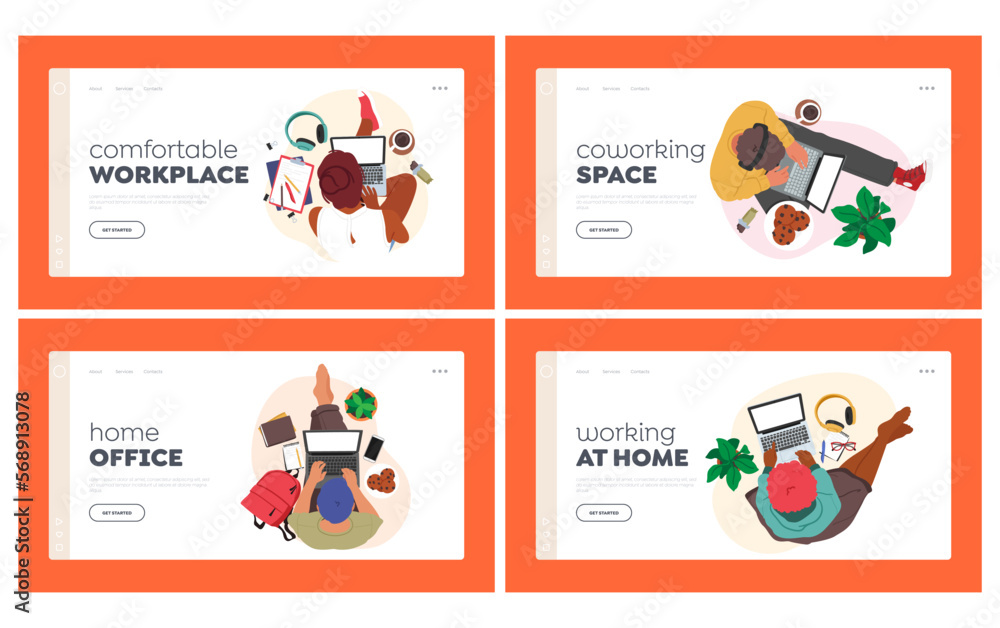 Characters with Laptops Top View Landing Page Template Set. Freelancer, Office Worker or Student Sitting with Notebooks