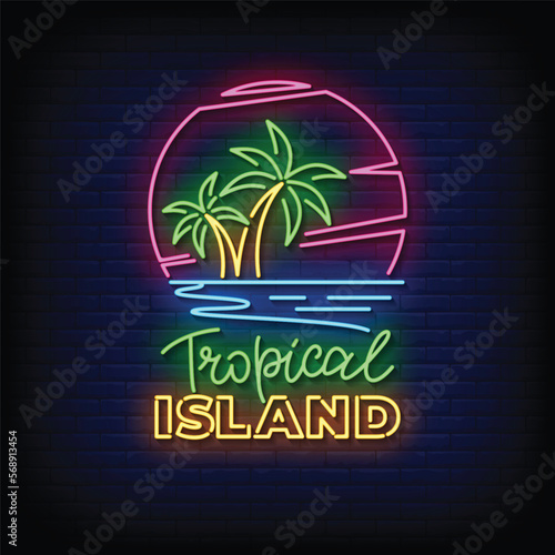 Neon Sign tropical island with brick wall background vector