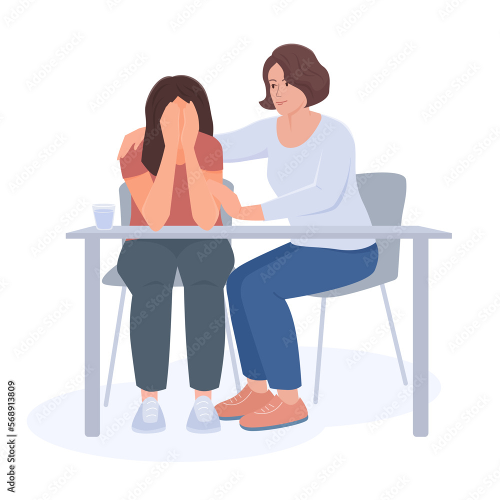 One woman supports another woman in sadness. Vector color isolated illustration. One woman supports another woman in sadness. Vector color isolated illustration.