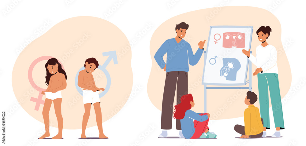 Vetor de Sex Education Concept With Parents Teaching Kids About  