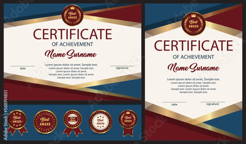 Certificate of achievement and premium best award label with ribbon. Template horizontal and vertical.