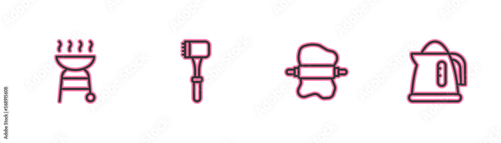 Set line Barbecue grill, Rolling pin on dough, Kitchen hammer and Electric kettle icon. Vector Set line Barbecue grill, Rolling pin on dough, Kitchen hammer and Electric kettle icon. Vector