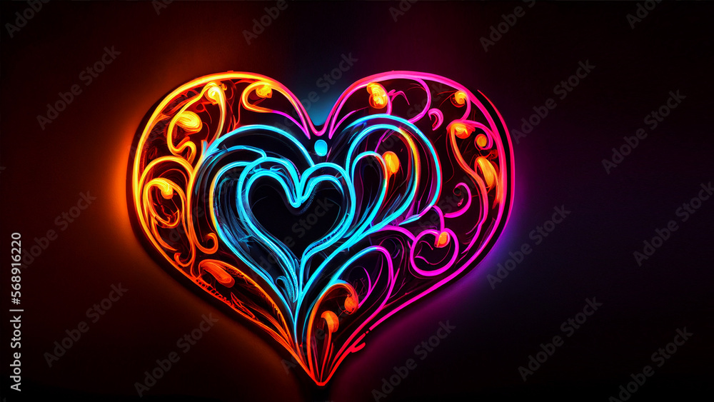 Futuristic Modern empty stage. Reflective dark room with glowing neon heart shape for valentine's day or mother's day.