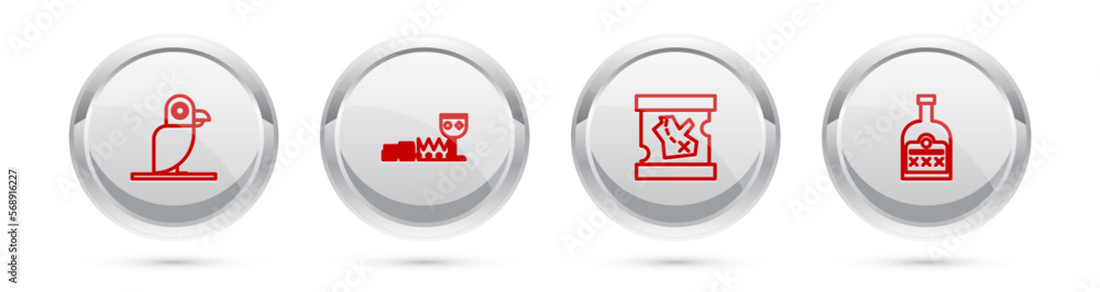 Set line Pirate parrot, Treasure and riches, treasure map and Alcohol drink Rum bottle. Silver circle button. Vector Set line Pirate parrot, Treasure and riches, treasure map and Alcohol drink Rum bottle. Silver circle button. Vector
