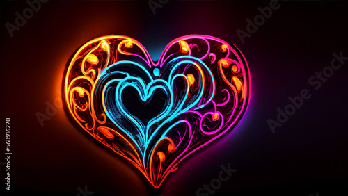 Futuristic Modern empty stage. Reflective dark room with glowing neon heart shape for valentine's day or mother's day.
