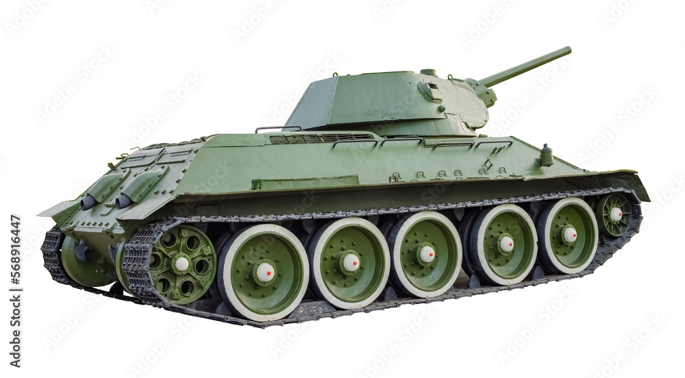 Soviet tank of the time of World War II on a transparent background. Military equipment. Isolated object