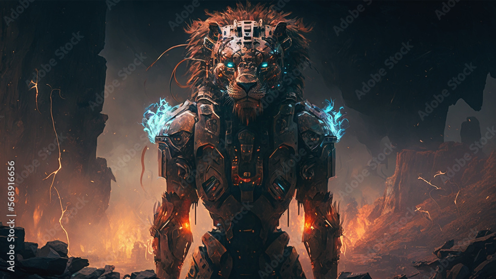 Lion head cyborg with cyberpunk style at volcano with a scary face and volcano background generative ai. Lion head cyborg with cyberpunk style at volcano with a scary face and volcano background generative ai.