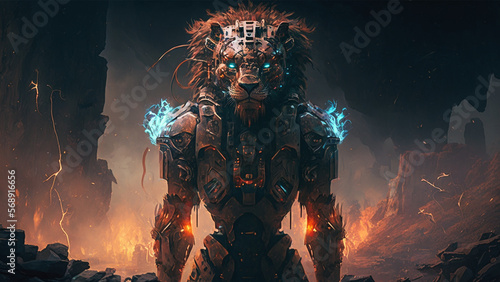 Lion head cyborg with cyberpunk style at volcano with a scary face and volcano background generative ai.