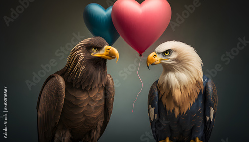 couple of eagles in love kissing  with a heart-shaped balloon on valentine s day  3d render digital illustration