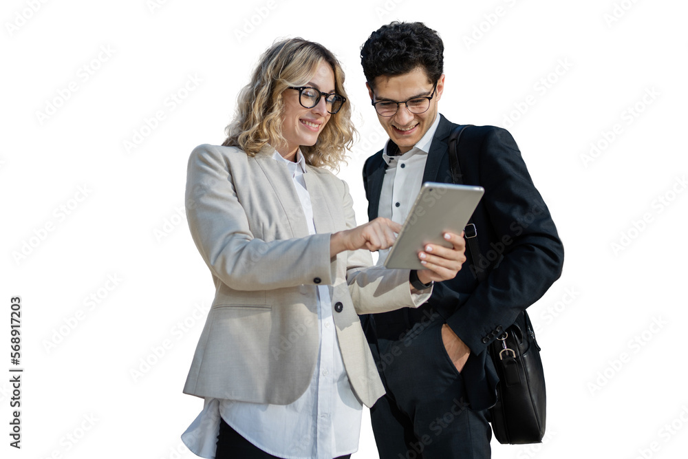 Colleagues using a tablet business office formal wear man and woman ...