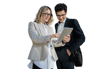Colleagues using a tablet business office formal wear man and woman, isolated PNG, transparent background.
