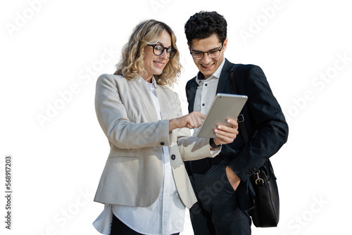 Fotografiet Colleagues using a tablet business office formal wear man and woman, isolated PNG, transparent background