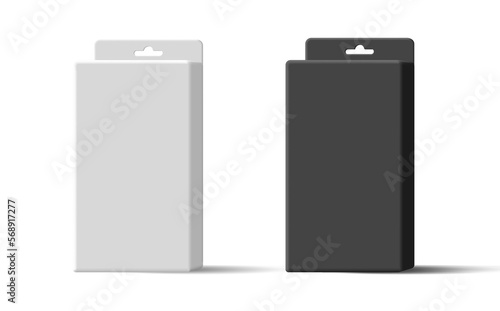 3d black and white product packaging with hanging mount for store shelves. Empty boxes for design.
