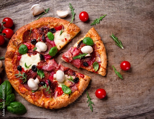 bruschetta pizza with tomato, mushrooms and mozzarella