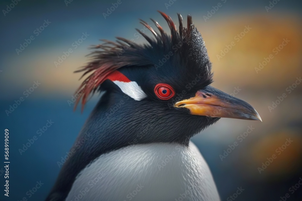 Naklejka premium a close up of a penguin with a red eye and a black head and a white body with a red and white stripe on it's head. generative ai
