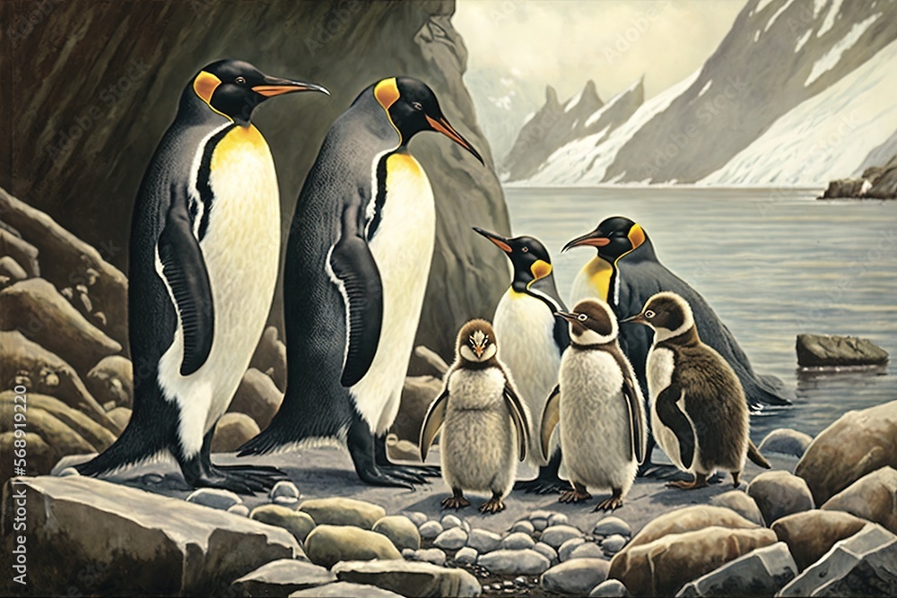 Obraz premium a group of penguins standing on a rocky shore next to a body of water with a mountain in the background and a group of penguins standing on the rocks. generative ai